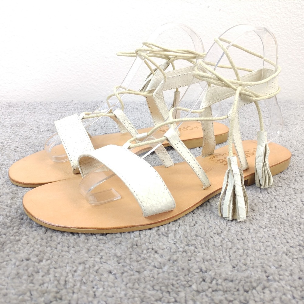 L Space by Cocobelle Womens 8.5 Sandals Ankle Wrap White Leather Rio Snake Shoes